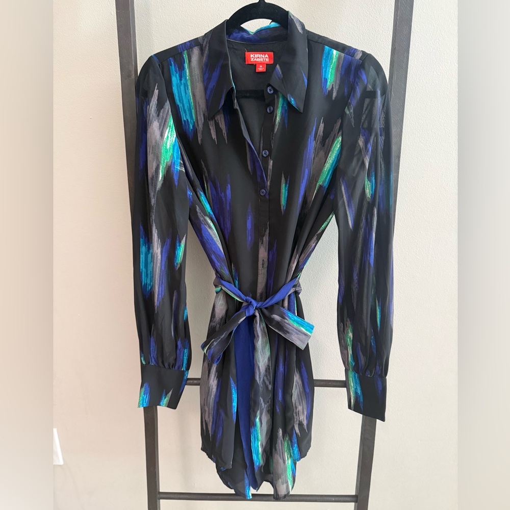 Kirna Zabete Vibrant Black and Blue Long Sleeve Dress